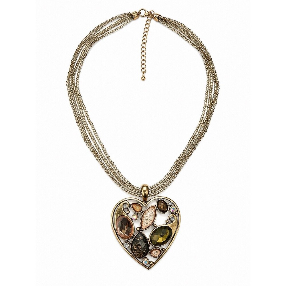 Heart Statement Necklace Multi Strand Seed Beads Rhinestone Pendant Gold Tone